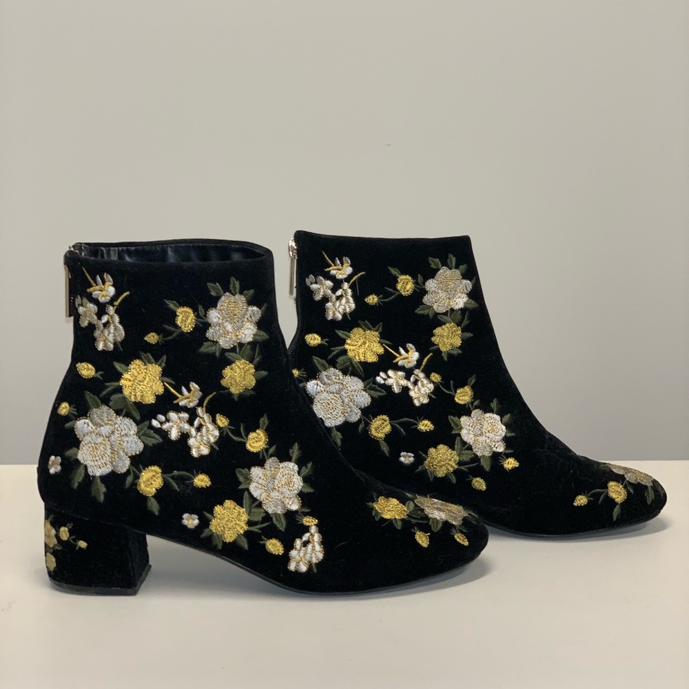Black velvet booties w/ floral embroidery